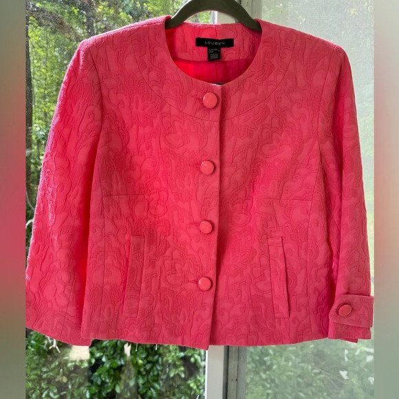 Louben 4 Cropped Pink dress blazer. Textured Flat Collar Button down front EUC. - Picture 1 of 9